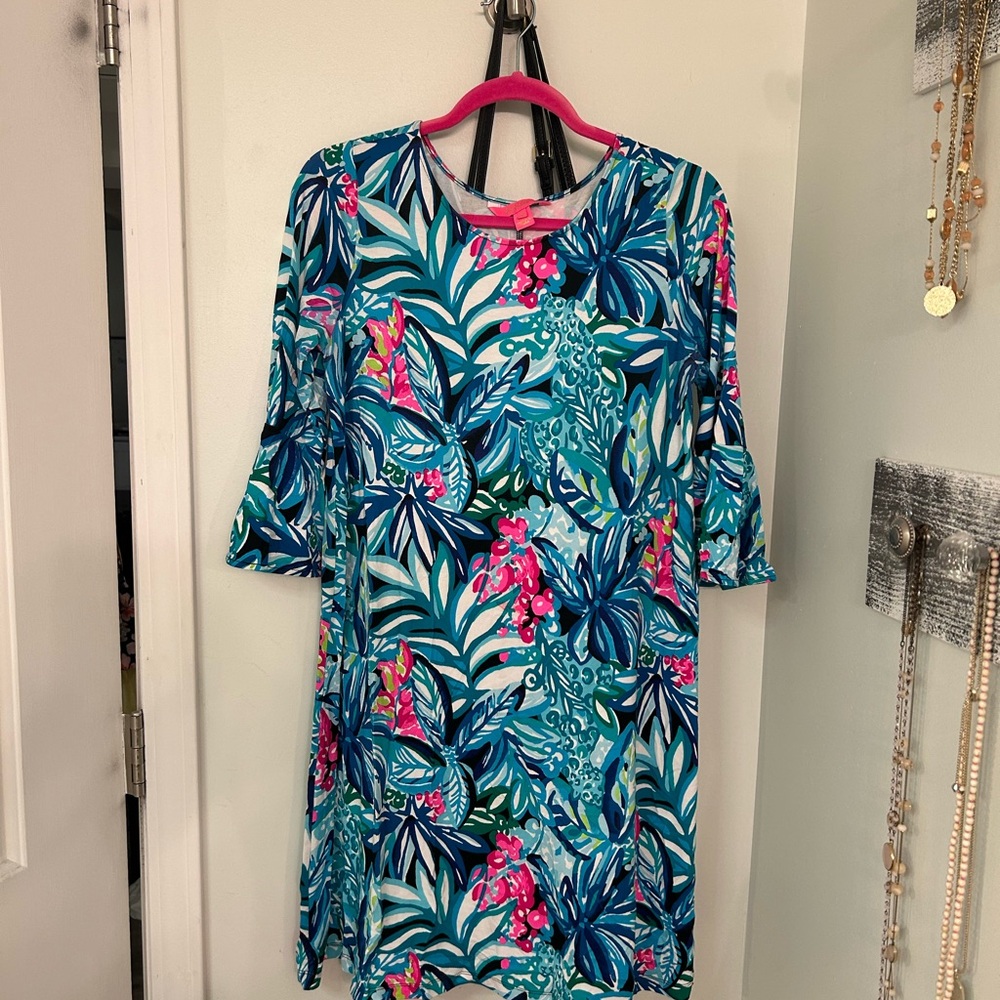 Lilly Pulitzer Blue and Pink Leaf Print Dress